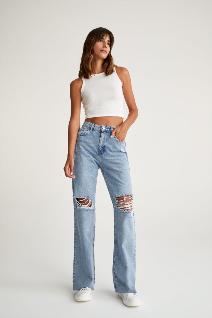 FEMME Bleu Taille haute Jambes larges