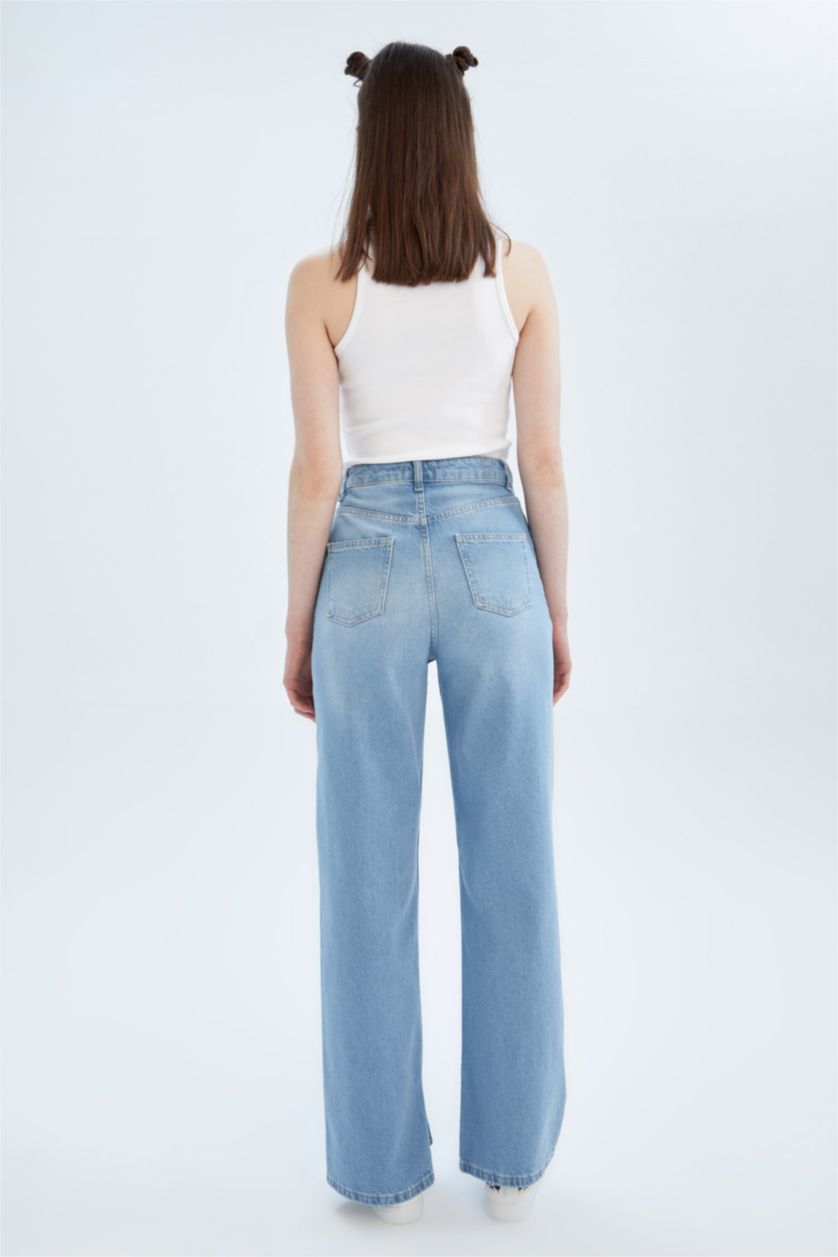 حريمي أزرق فاتح بنطلون جينز قطن بخصر عالي وساق واسع