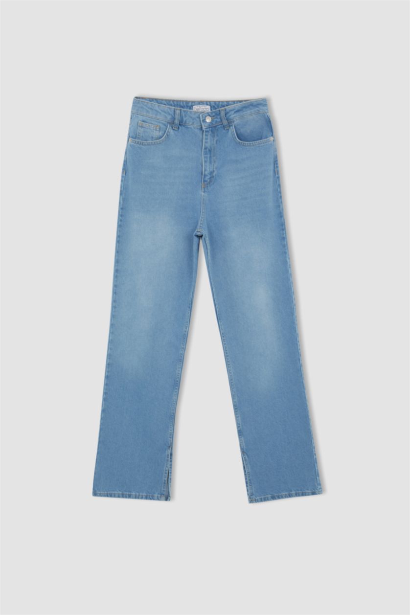 حريمي أزرق فاتح بنطلون جينز قطن بخصر عالي وساق واسع