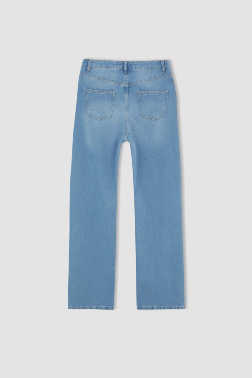 حريمي أزرق فاتح بنطلون جينز قطن بخصر عالي وساق واسع