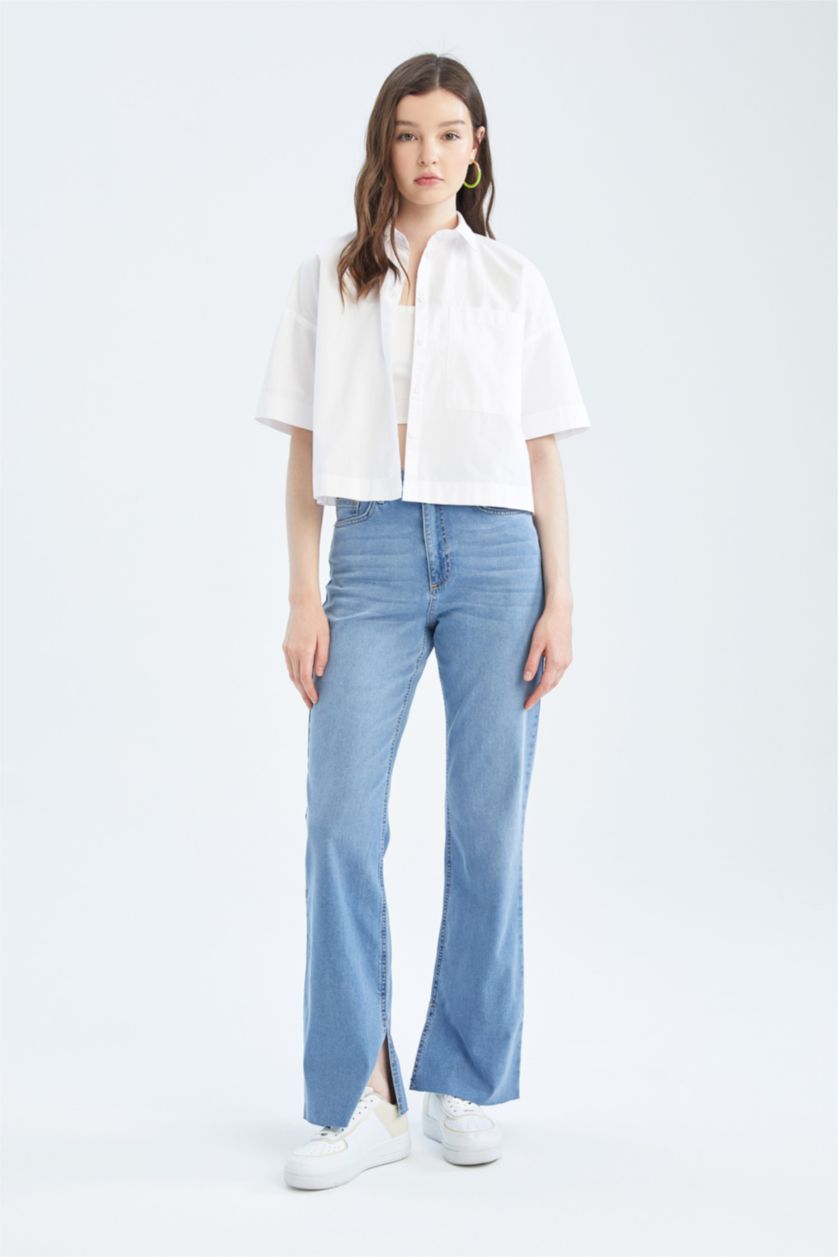 نساء أزرق فاتح بنطلون شارلستون جينز بخصر عالي