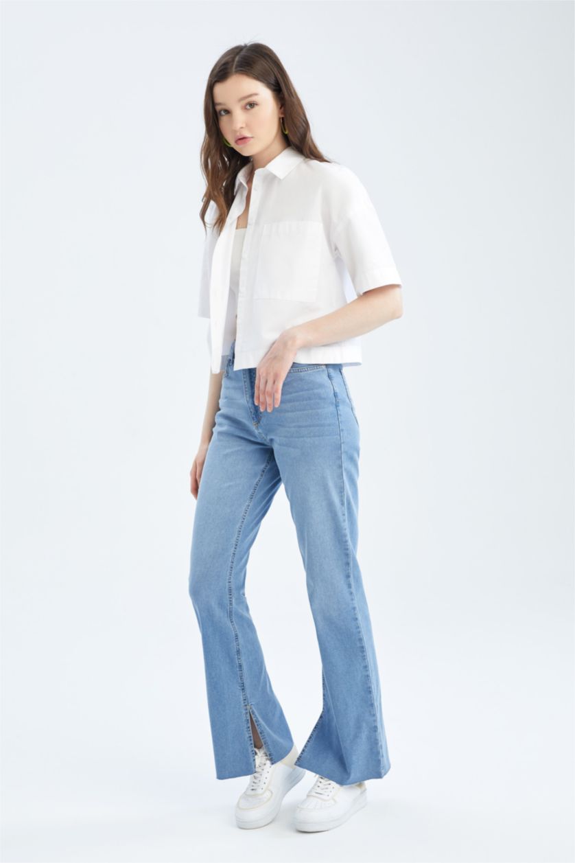 نساء أزرق فاتح بنطلون شارلستون جينز بخصر عالي