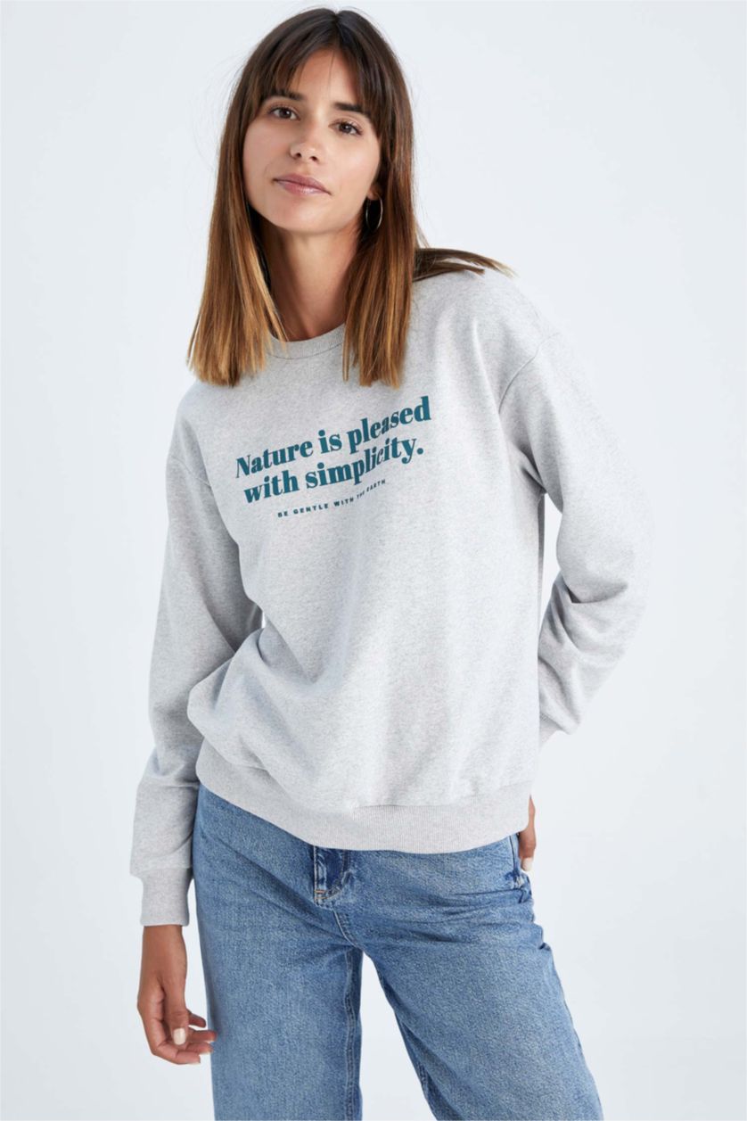 WOMAN Grey Melange Regular Fit Thin Sweatshirt Fabric Sweatshirt