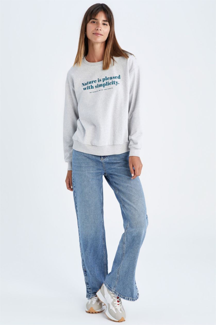 WOMAN Grey Melange Regular Fit Thin Sweatshirt Fabric Sweatshirt