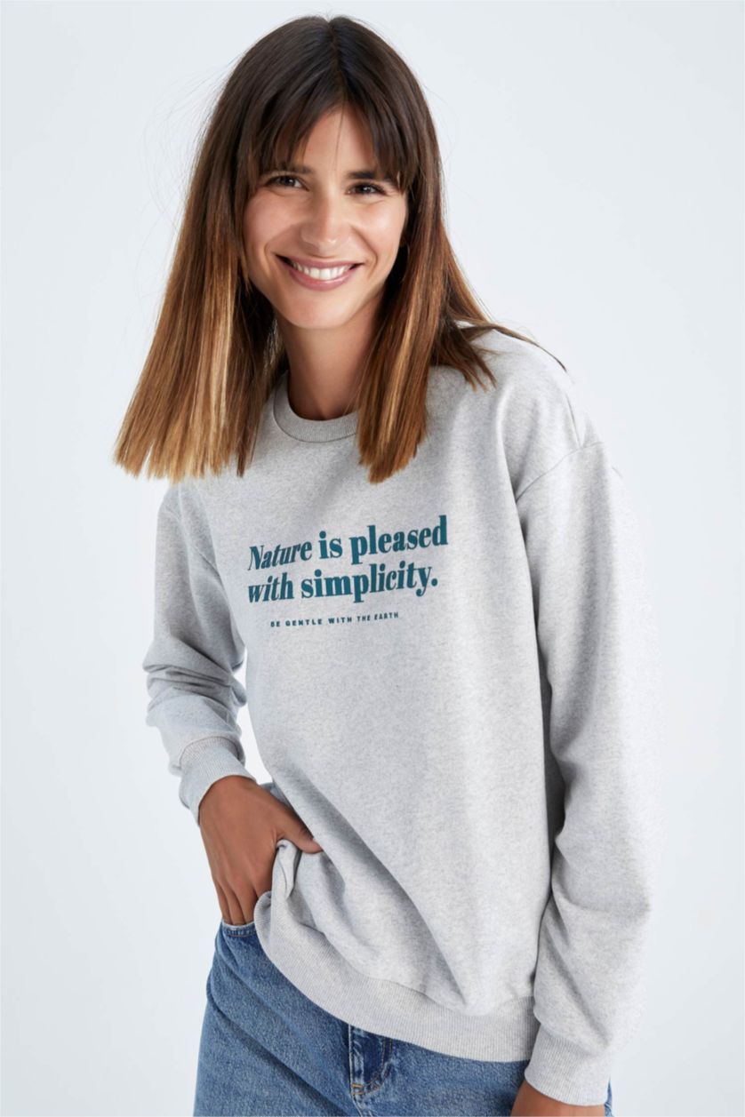 WOMAN Grey Melange Regular Fit Thin Sweatshirt Fabric Sweatshirt