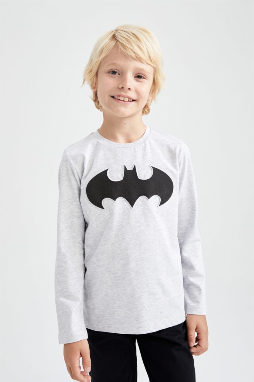 BOYS & TEENS Light Grey Melange Boys Combed Cotton Batman Licensed Regular Fit Crew Neck Long Sleeved T-Shirt