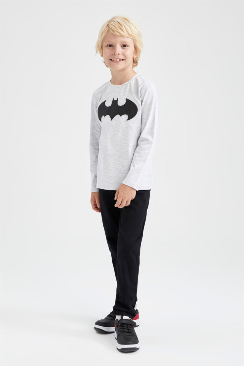 BOYS & TEENS Light Grey Melange Boys Combed Cotton Batman Licensed Regular Fit Crew Neck Long Sleeved T-Shirt
