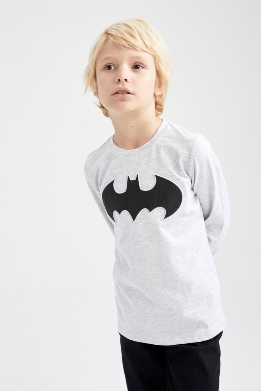 BOYS & TEENS Light Grey Melange Boys Combed Cotton Batman Licensed Regular Fit Crew Neck Long Sleeved T-Shirt
