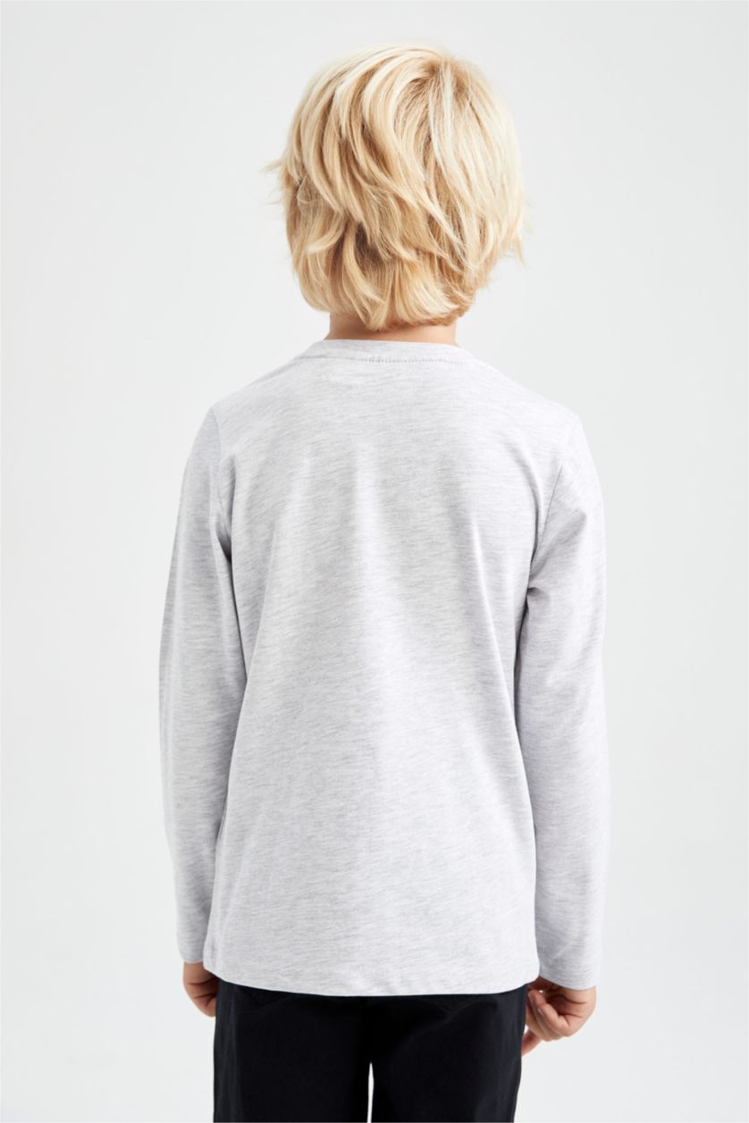 BOYS & TEENS Light Grey Melange Boys Combed Cotton Batman Licensed Regular Fit Crew Neck Long Sleeved T-Shirt