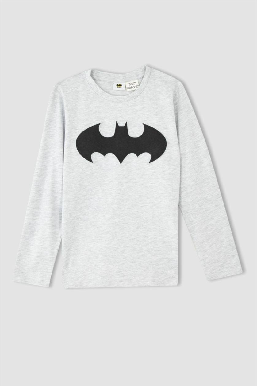 BOYS & TEENS Light Grey Melange Boys Combed Cotton Batman Licensed Regular Fit Crew Neck Long Sleeved T-Shirt