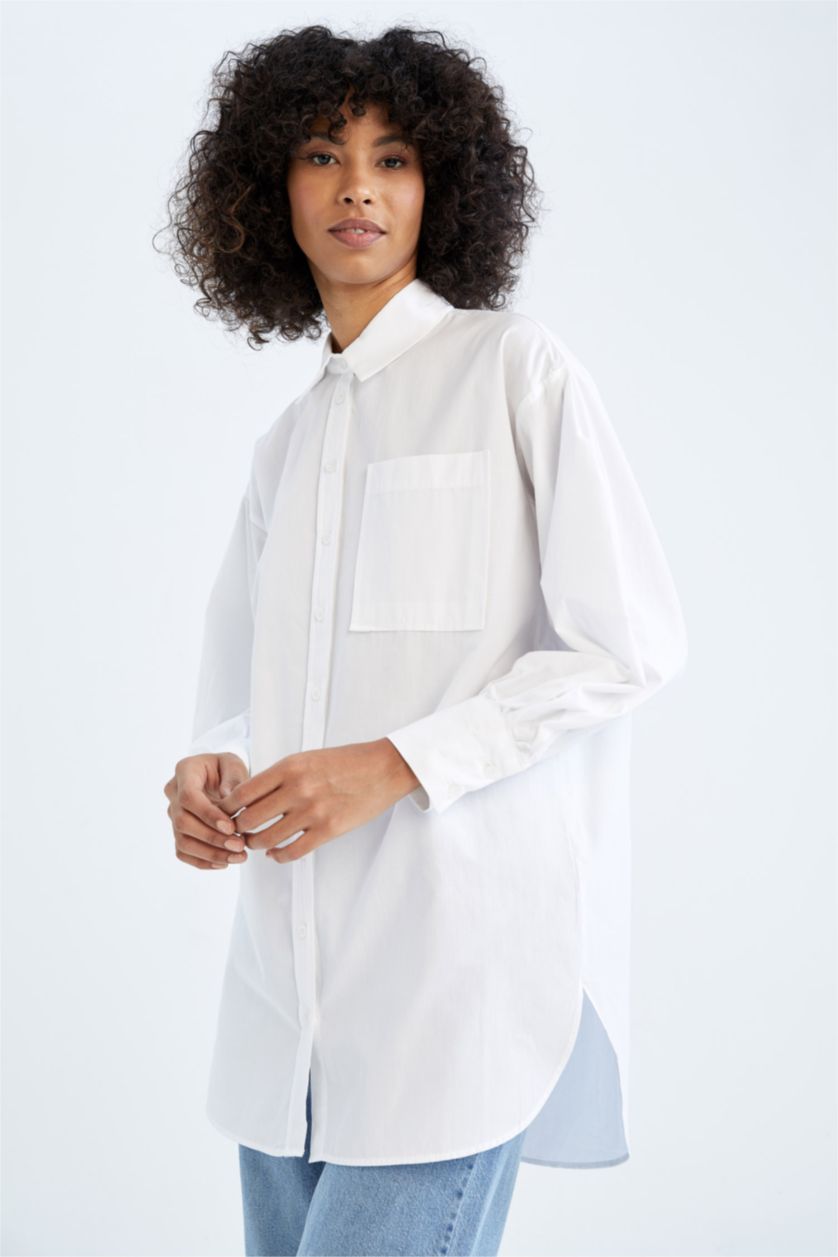 FEMME Blanc Tunique À Manches Longues Popeline Coupe décontractée Col De Chemise