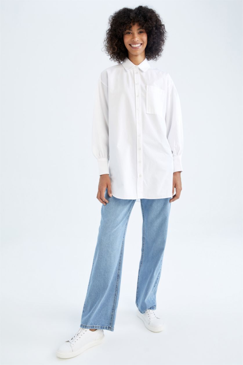 FEMME Blanc Tunique À Manches Longues Popeline Coupe décontractée Col De Chemise