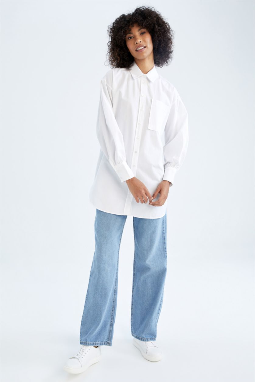 FEMME Blanc Tunique À Manches Longues Popeline Coupe décontractée Col De Chemise