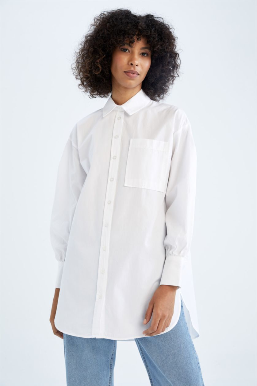 FEMME Blanc Tunique À Manches Longues Popeline Coupe décontractée Col De Chemise