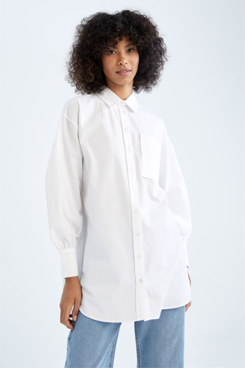 FEMME Blanc Tunique À Manches Longues Popeline Coupe décontractée Col De Chemise
