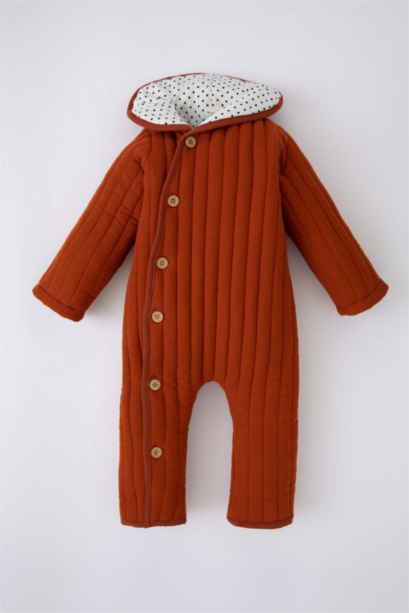 Erkek Bebek Turuncu Erkek Bebek Yeni Doğan 2,5 Tog Kapitoneli Düğmeli Uzun Kollu Müslin Uyku Tulum