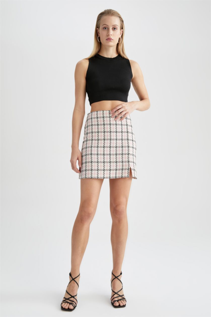 WOMAN Pink A Cut High Waisted Check Printed Mini Skirt