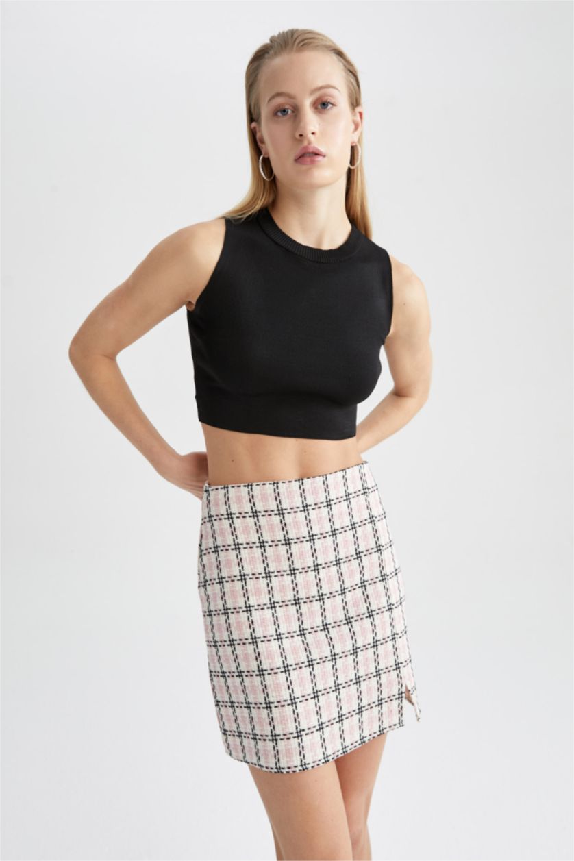 WOMAN Pink A Cut High Waisted Check Printed Mini Skirt