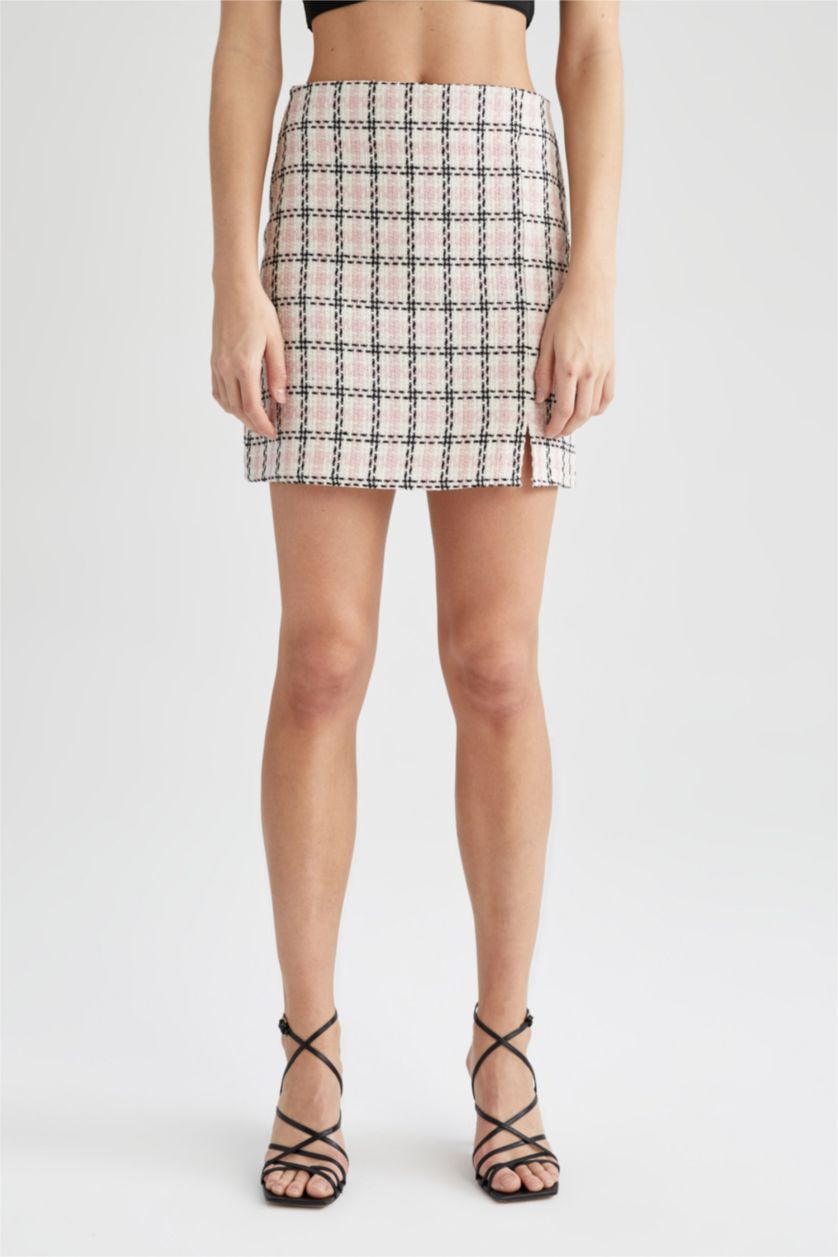 WOMAN Pink A Cut High Waisted Check Printed Mini Skirt