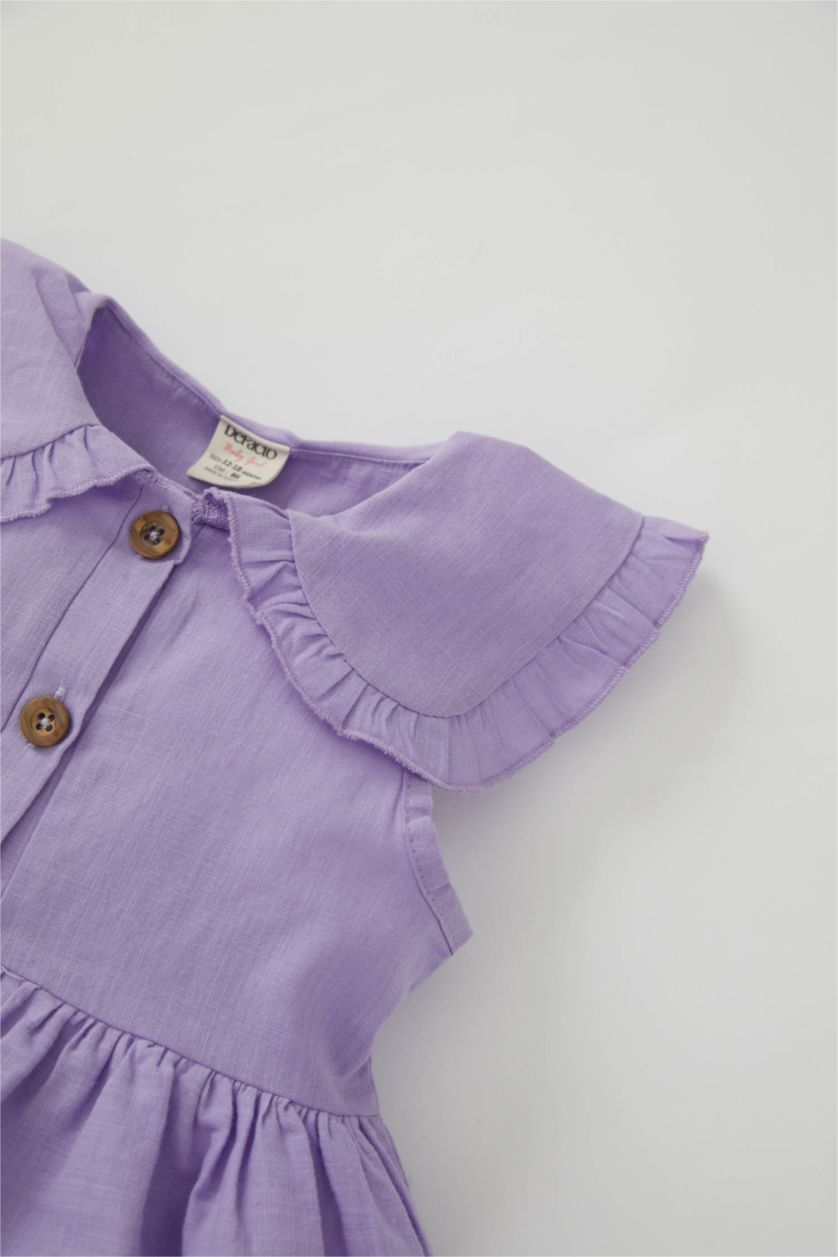 طفلة صغيرة أرجواني فاتح فستان بناتي ذو مظهر كتاني قصة عادية بدون كم بياقة كبيرة