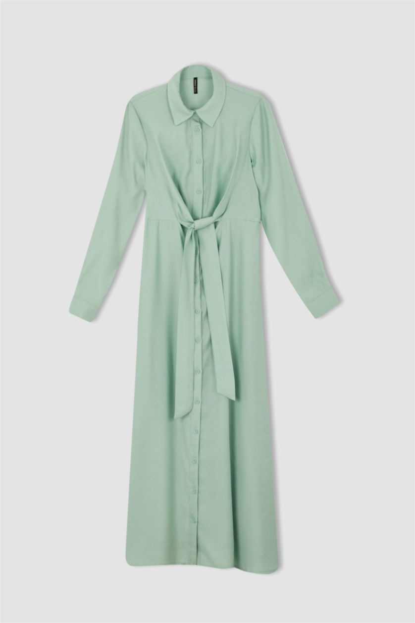 FEMME Bleu Robe longue coupe classique à col chemise et ceinture