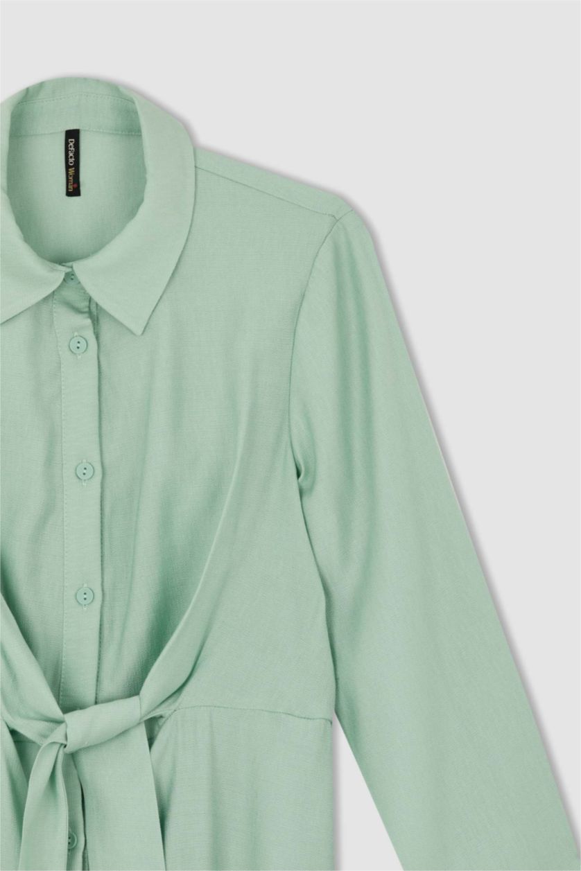 FEMME Bleu Robe longue coupe classique à col chemise et ceinture