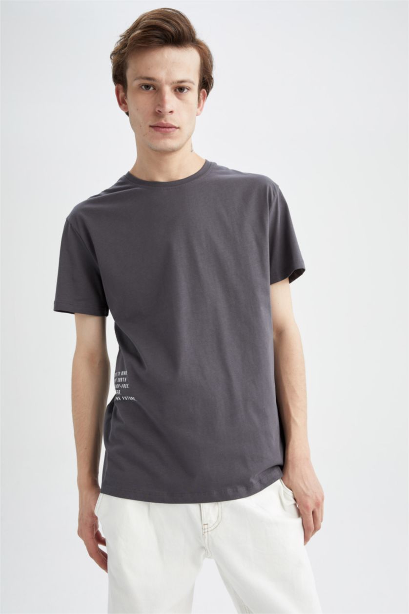 Erkek Koyu Antrasit Regular Fıt Kısa Kollu Tişört