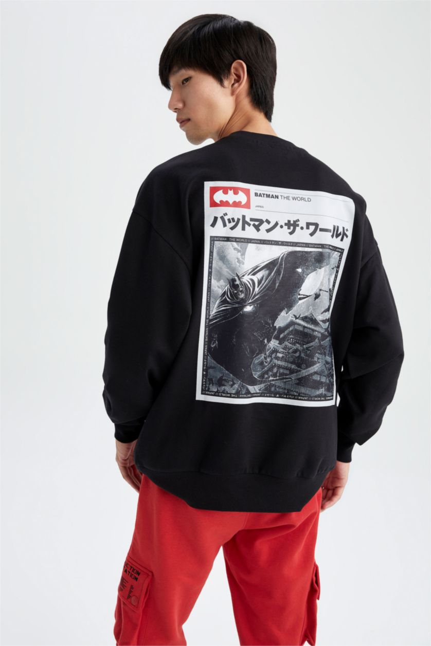 Erkek Siyah Batman Oversize Fit Bisiklet Yaka Sırt Baskılı İçi Yumuşak Tüylü Sweatshirt