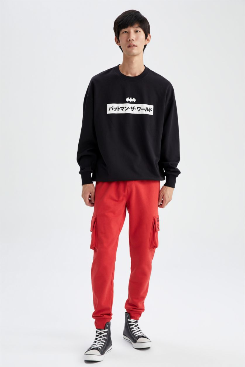 Erkek Siyah Batman Oversize Fit Bisiklet Yaka Sırt Baskılı İçi Yumuşak Tüylü Sweatshirt