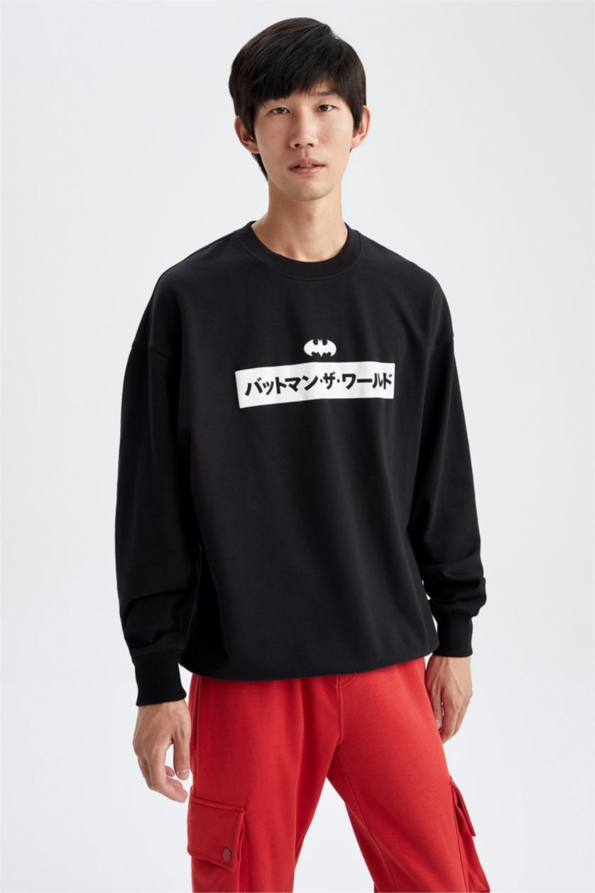 Erkek Siyah Batman Oversize Fit Bisiklet Yaka Sırt Baskılı İçi Yumuşak Tüylü Sweatshirt
