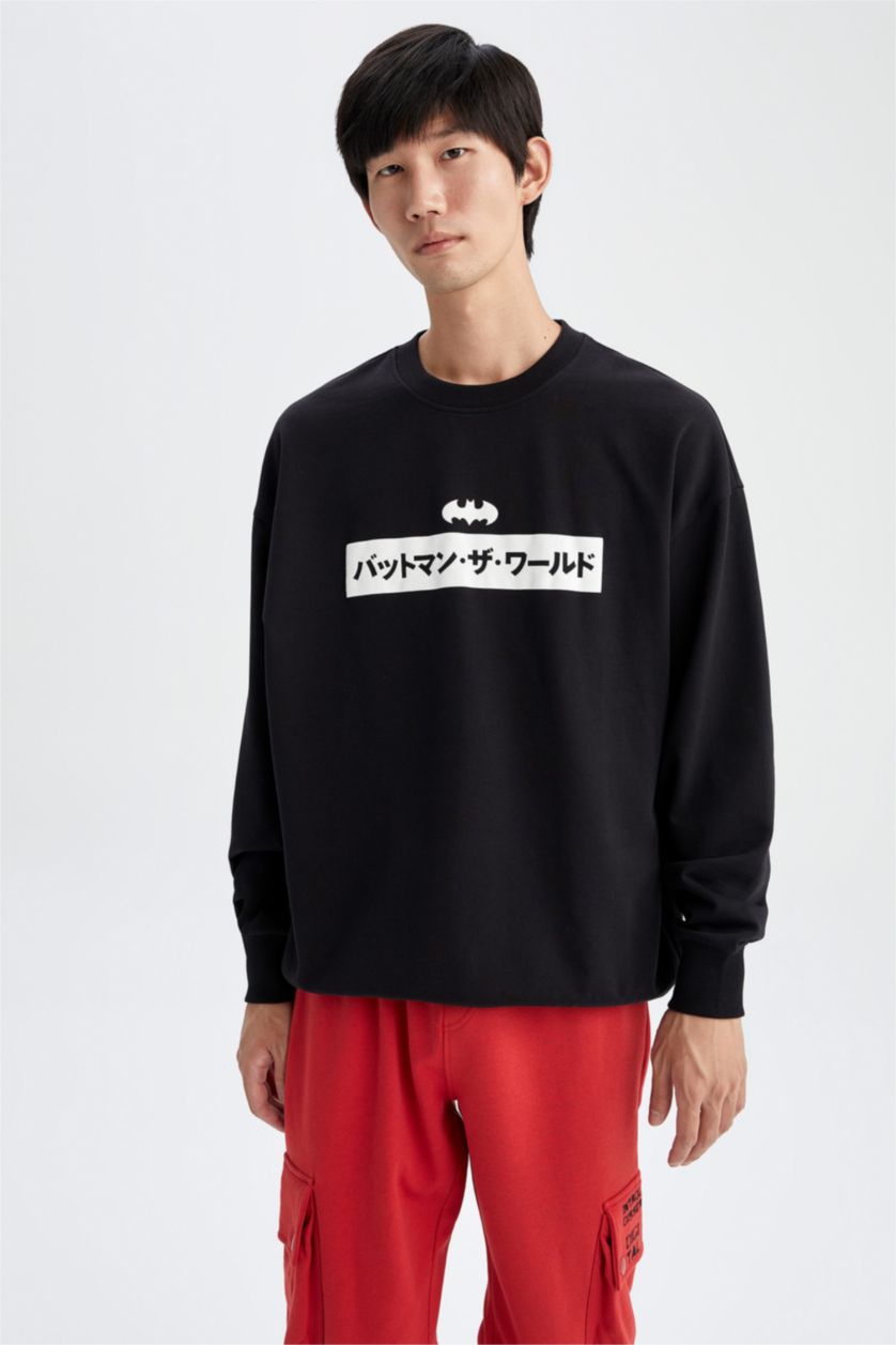 Erkek Siyah Batman Oversize Fit Bisiklet Yaka Sırt Baskılı İçi Yumuşak Tüylü Sweatshirt