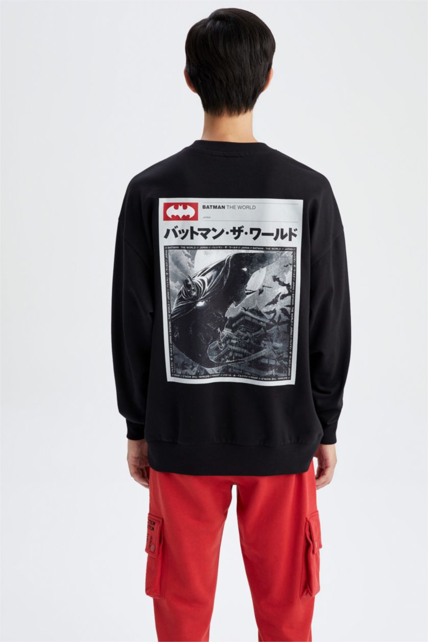 Erkek Siyah Batman Oversize Fit Bisiklet Yaka Sırt Baskılı İçi Yumuşak Tüylü Sweatshirt