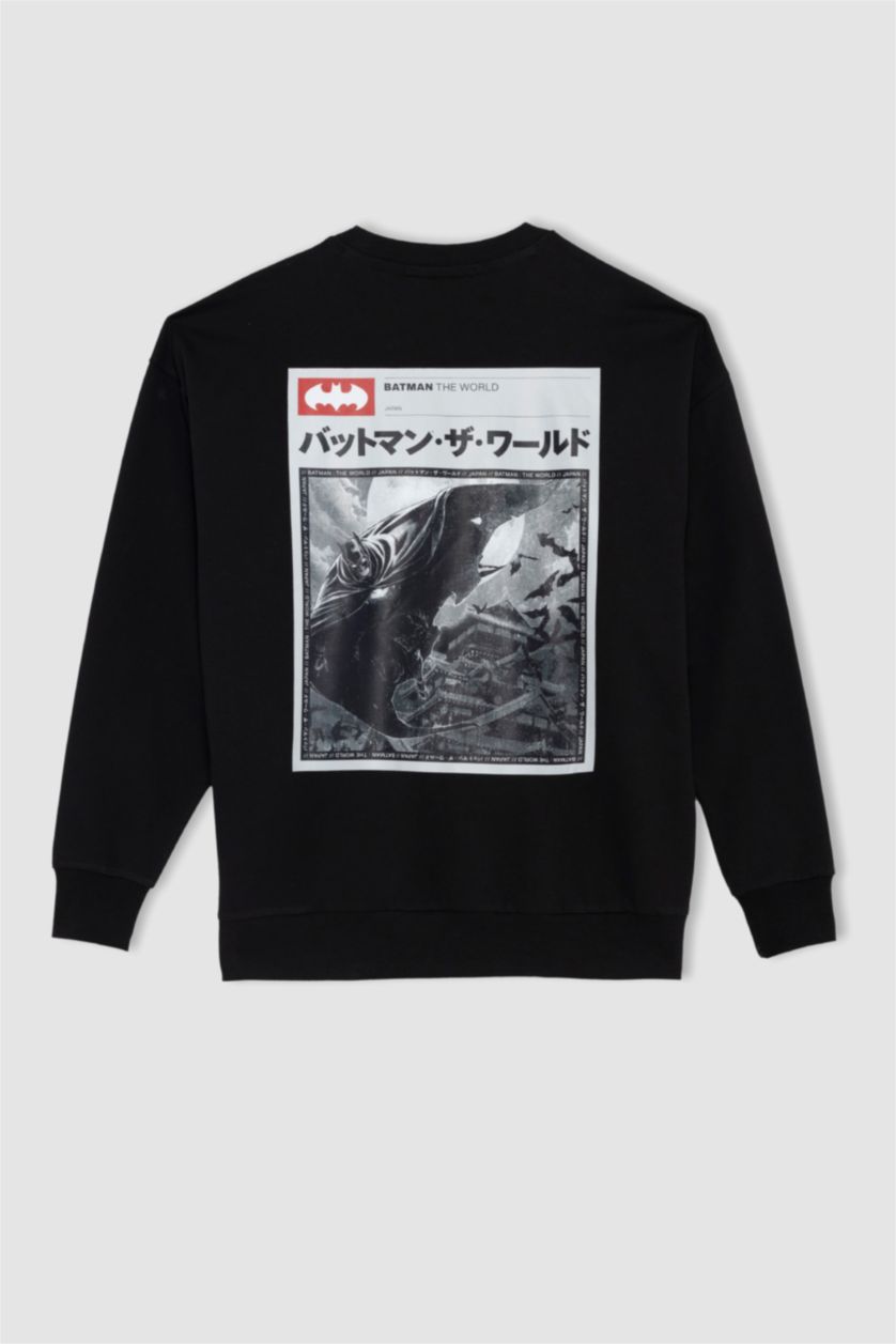Erkek Siyah Batman Oversize Fit Bisiklet Yaka Sırt Baskılı İçi Yumuşak Tüylü Sweatshirt