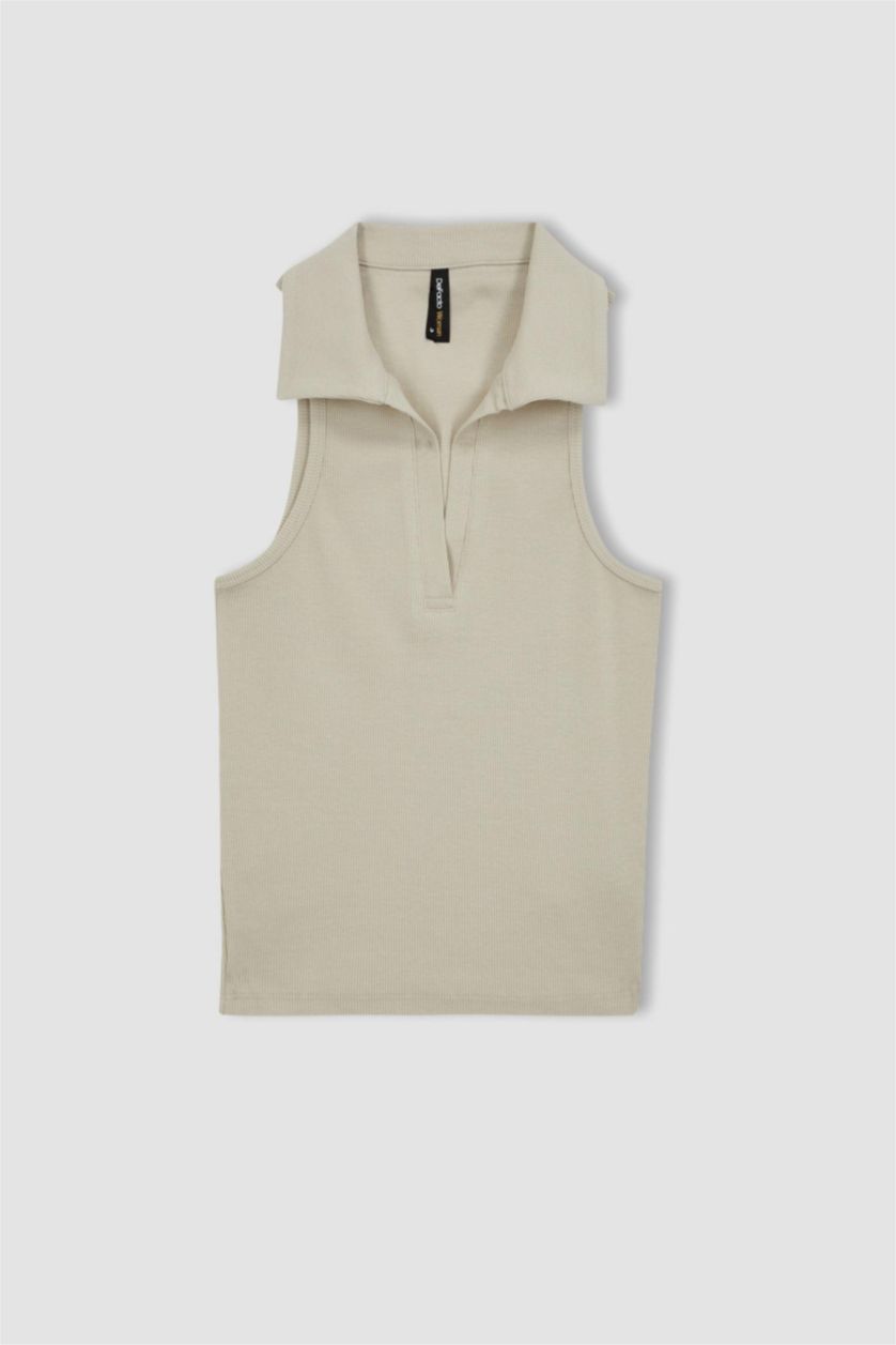 FEMME Beige Débardeur Coupe Slim Col Polo