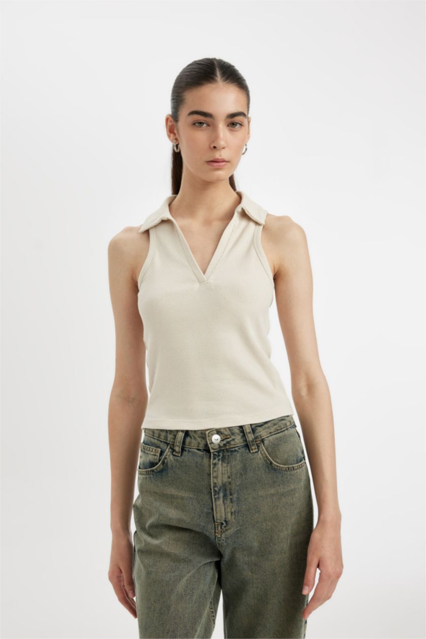 نساء بيج تيشيرت بولو بدون كم مضلع سليم فيت