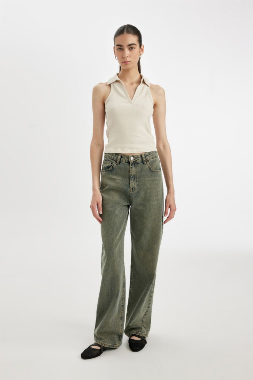 نساء بيج تيشيرت بولو بدون كم مضلع سليم فيت