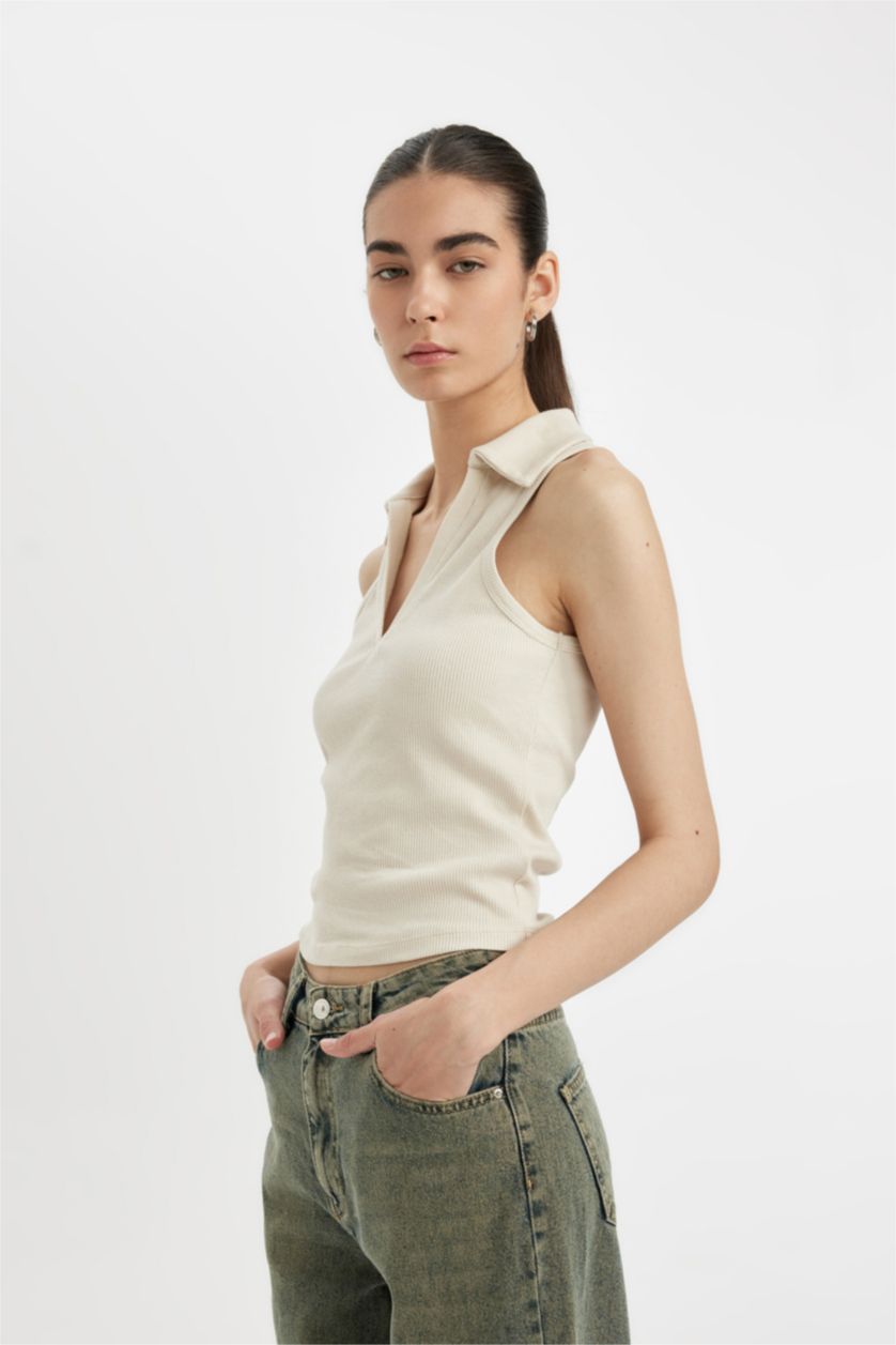 نساء بيج تيشيرت بولو بدون كم مضلع سليم فيت