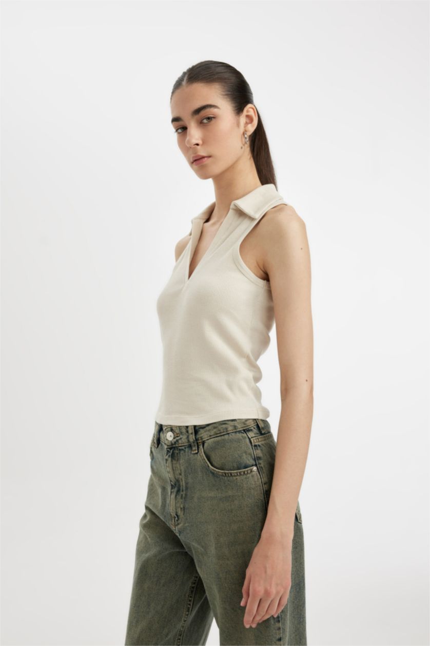 نساء بيج تيشيرت بولو بدون كم مضلع سليم فيت