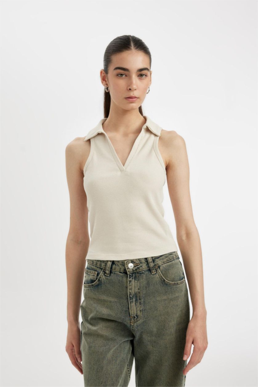 نساء بيج تيشيرت بولو بدون كم مضلع سليم فيت