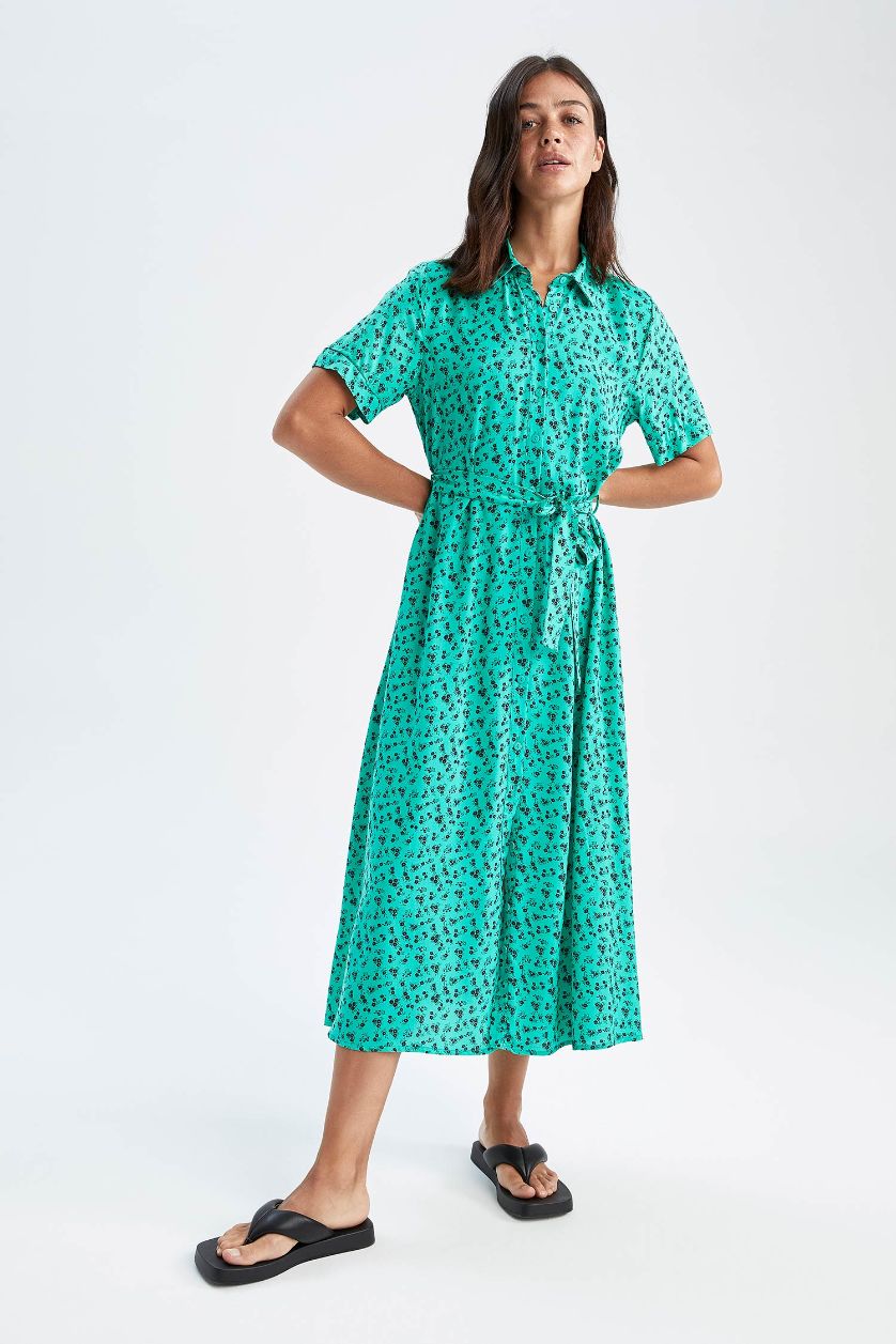 Kadın Yeşil Gömlek Yaka Baskılı Kısa Kollu Midi Elbise