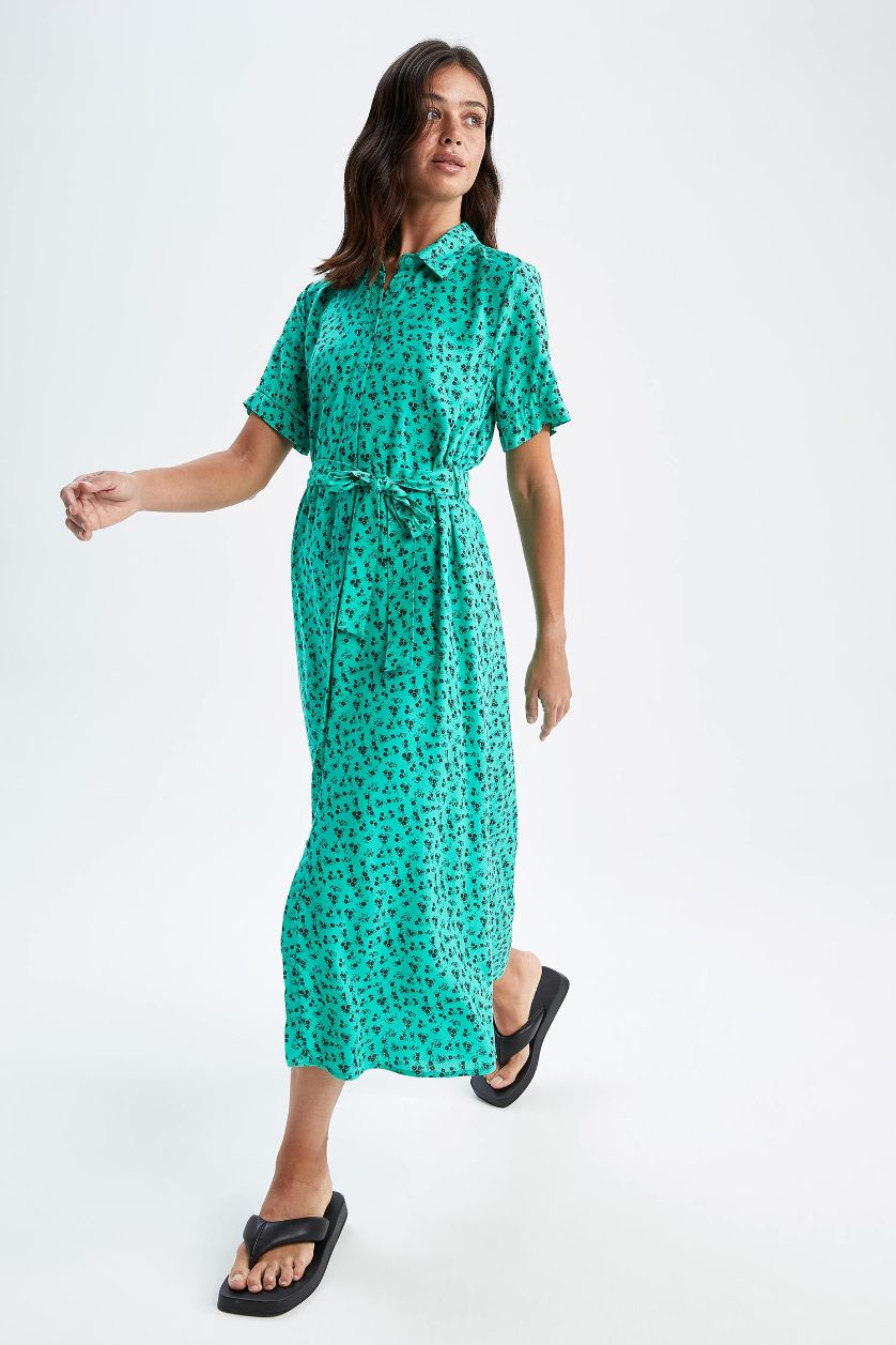 Kadın Yeşil Gömlek Yaka Baskılı Kısa Kollu Midi Elbise