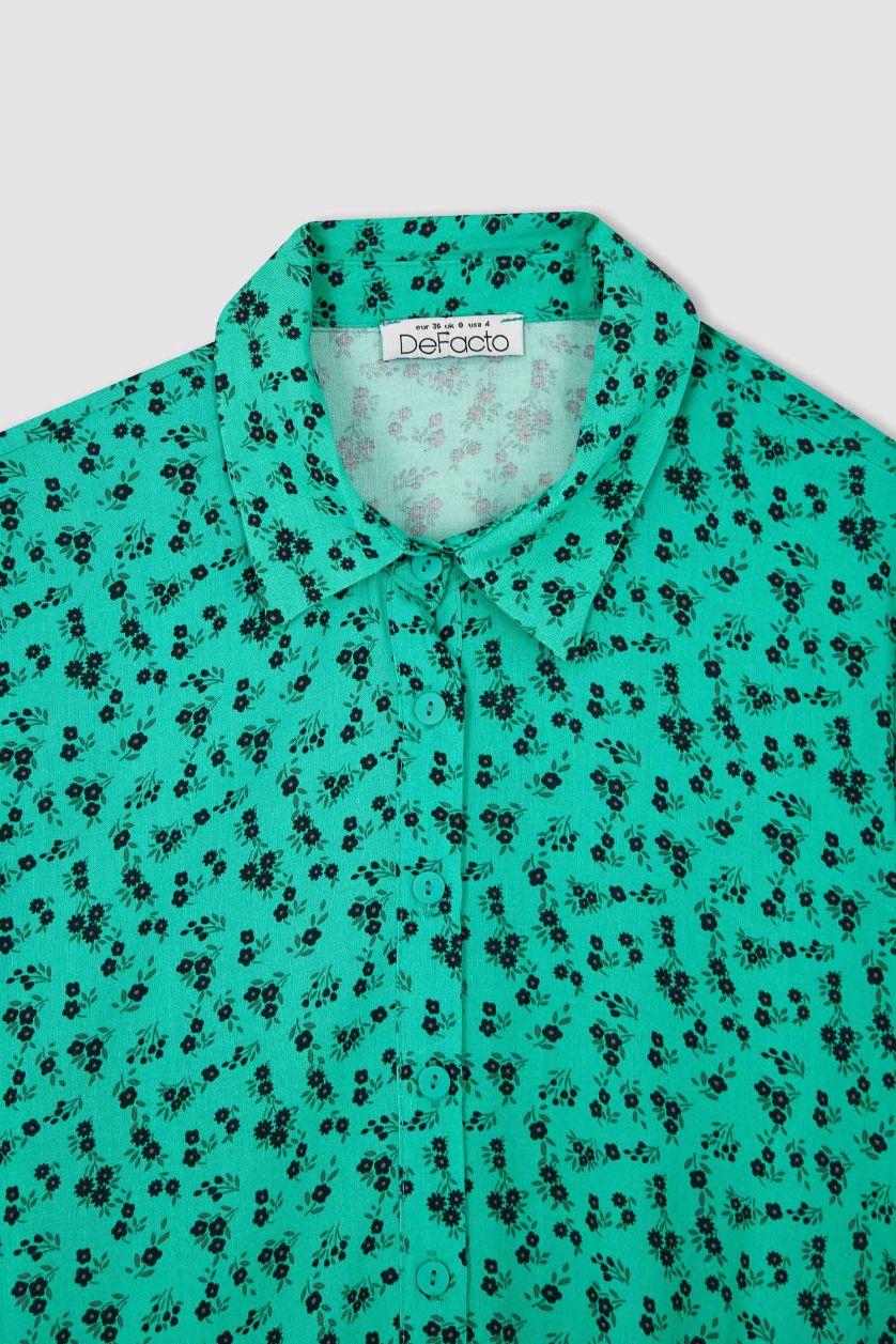 Kadın Yeşil Gömlek Yaka Baskılı Kısa Kollu Midi Elbise