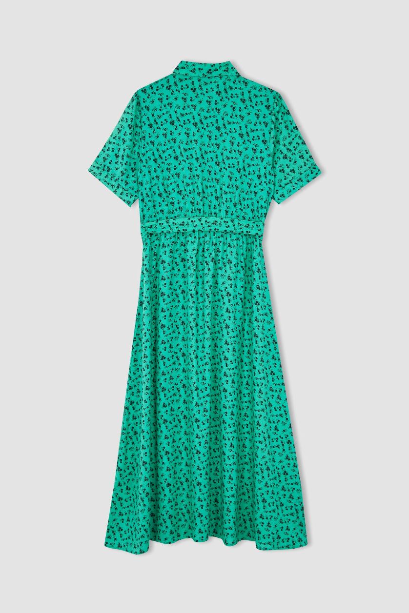 Kadın Yeşil Gömlek Yaka Baskılı Kısa Kollu Midi Elbise