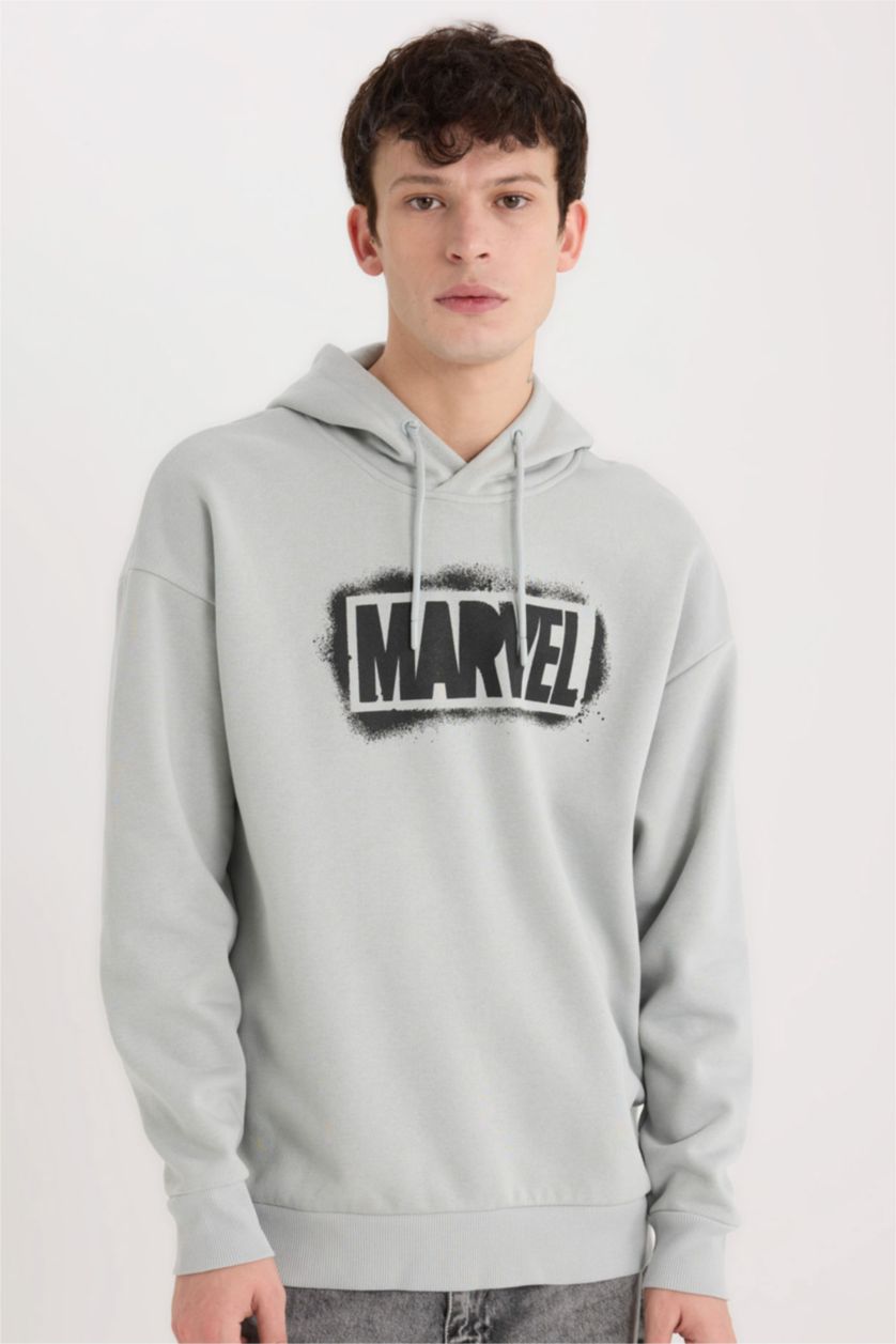 Мужчины Светло-серый Свитшот оверсайз с капюшоном Marvel с принтом