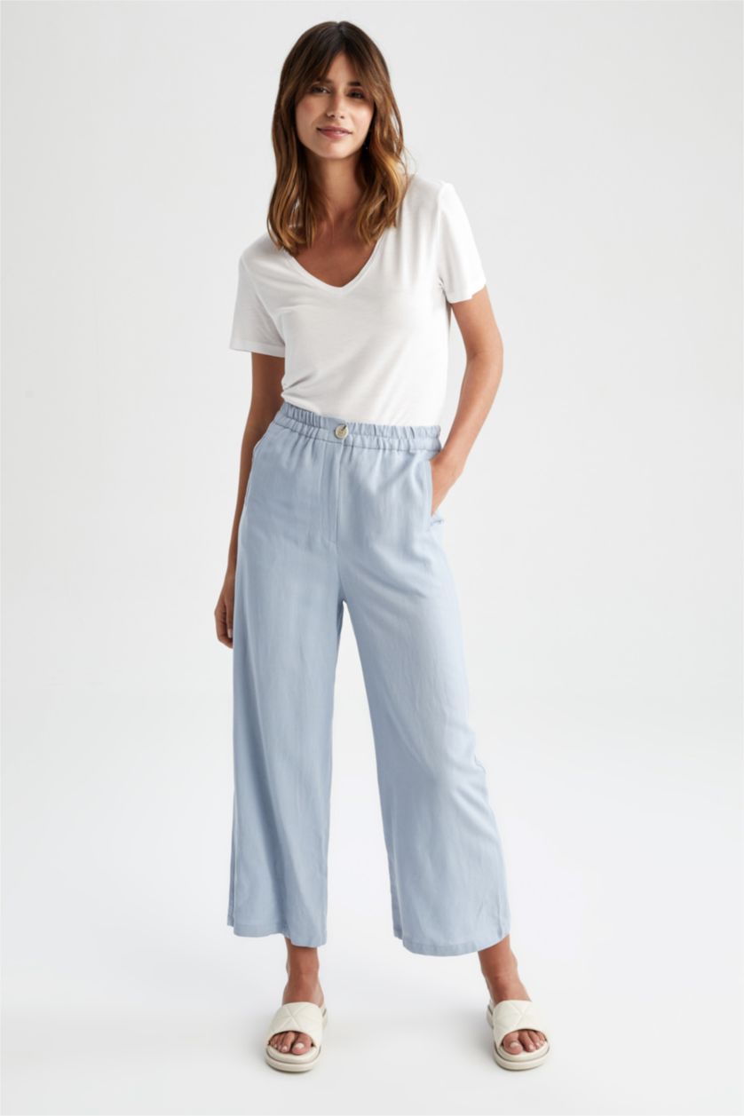FEMME BLEU Clair Pantalon Regular Fit En Lin Viscose Taille Haute