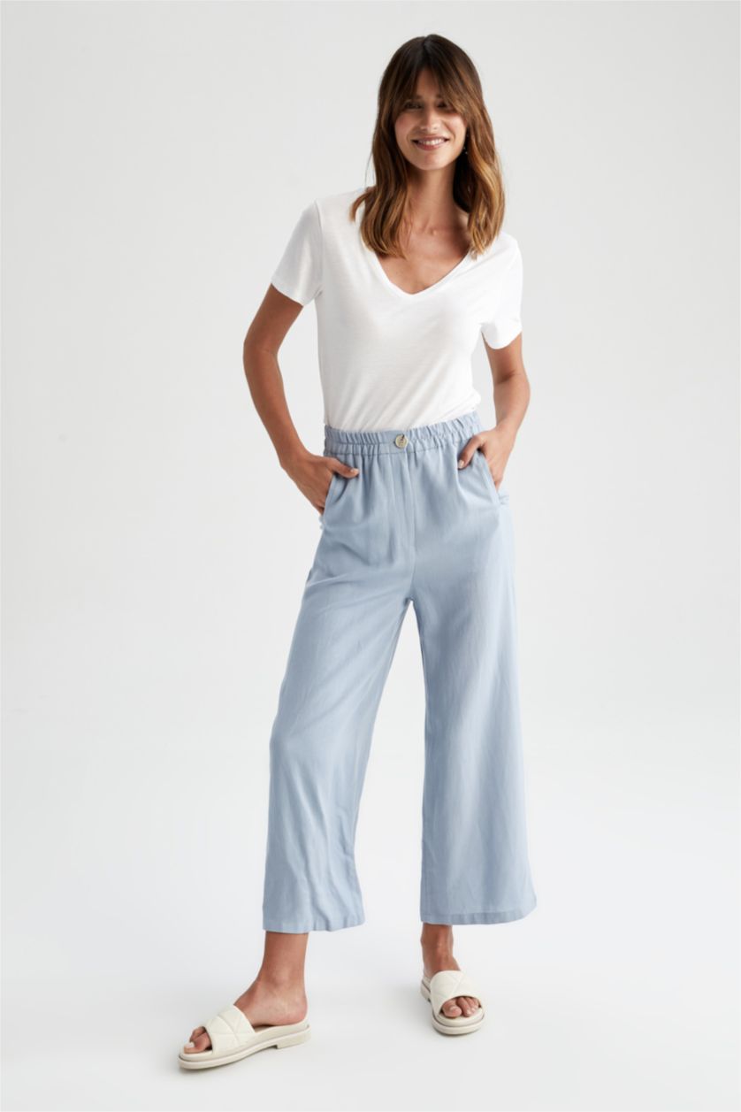FEMME BLEU Clair Pantalon Regular Fit En Lin Viscose Taille Haute