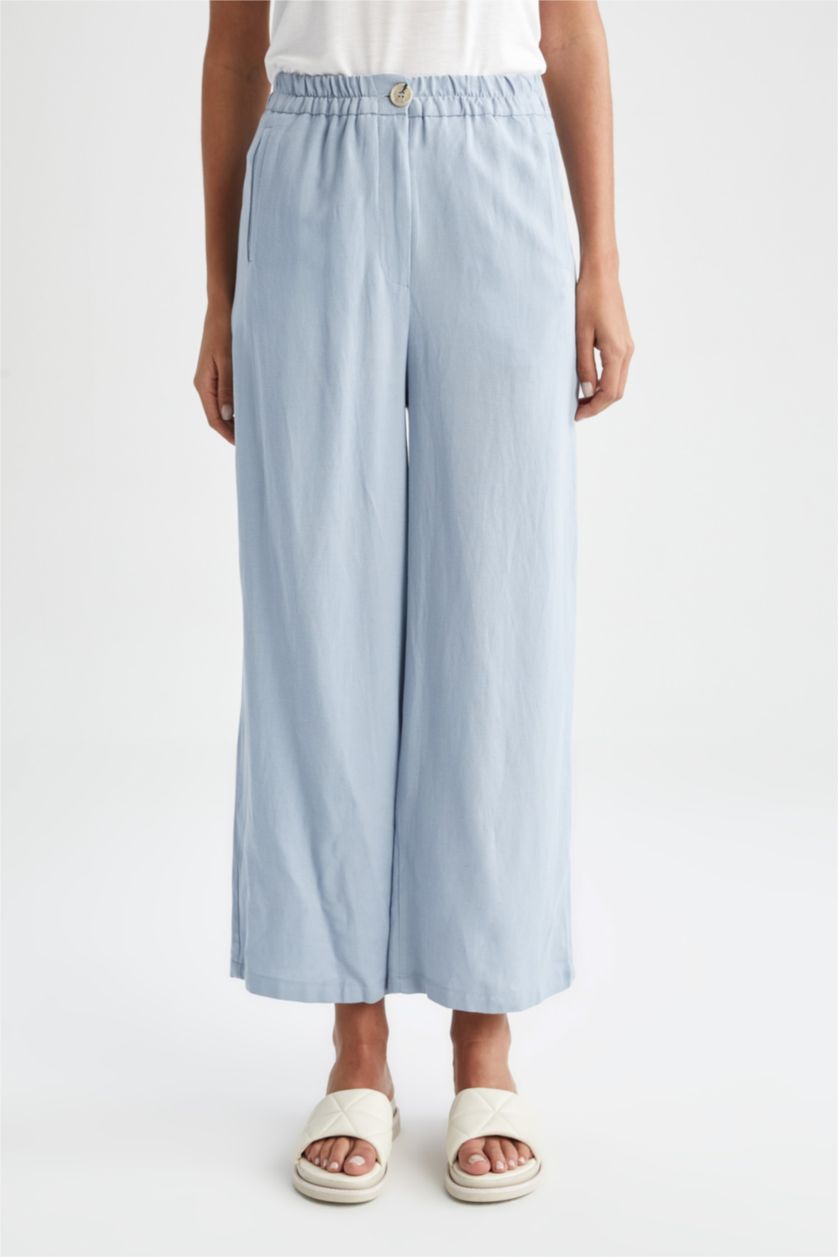 FEMME BLEU Clair Pantalon Regular Fit En Lin Viscose Taille Haute