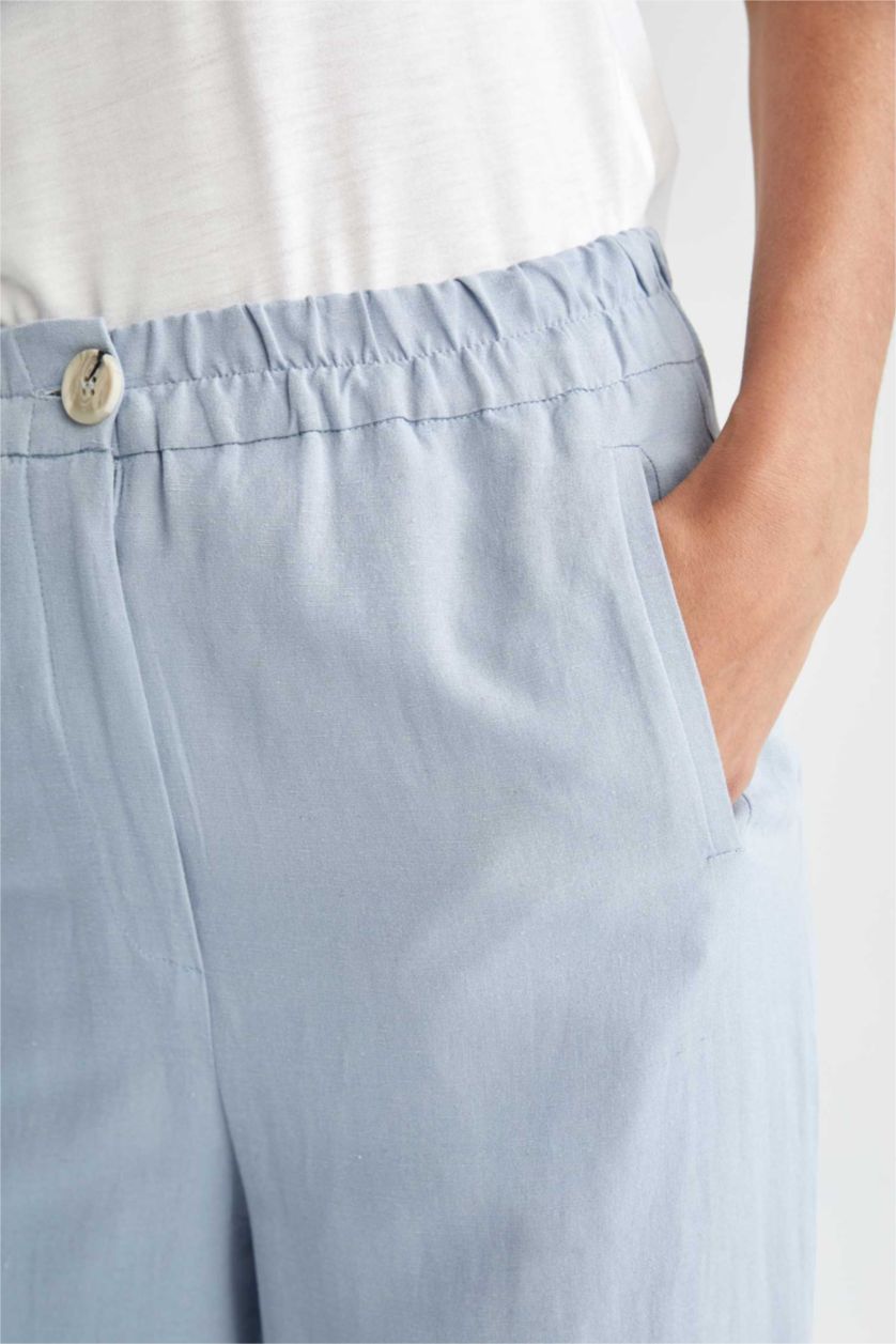 FEMME BLEU Clair Pantalon Regular Fit En Lin Viscose Taille Haute