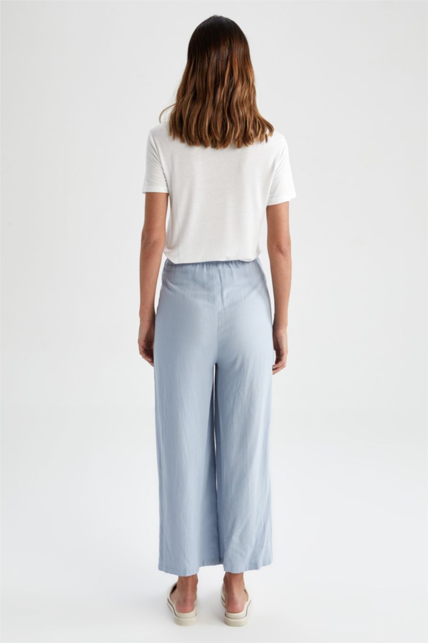 FEMME BLEU Clair Pantalon Regular Fit En Lin Viscose Taille Haute