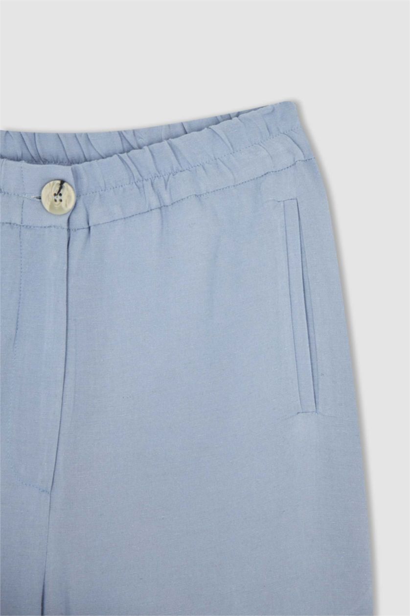 FEMME BLEU Clair Pantalon Regular Fit En Lin Viscose Taille Haute